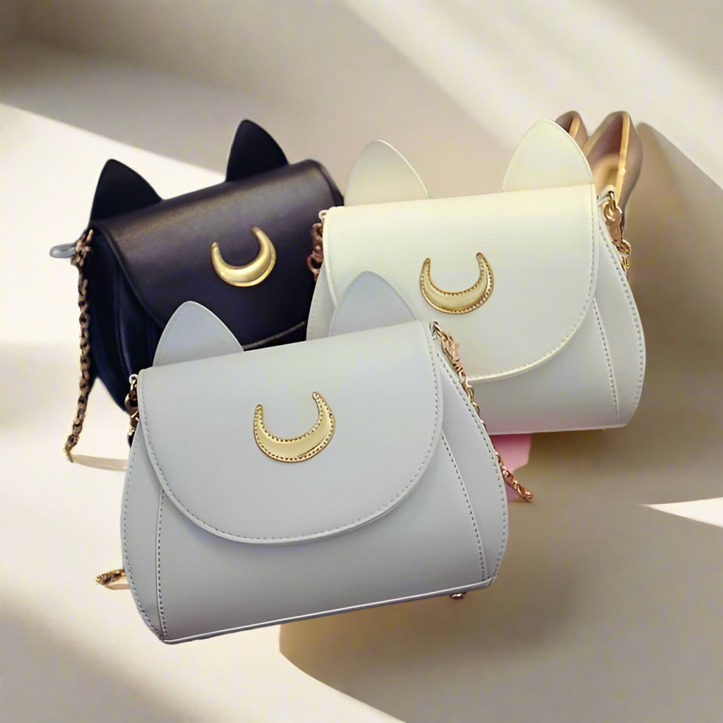 Chic Cat Ear Crossbody Bag – Moon Emblem Design with Chain Strap