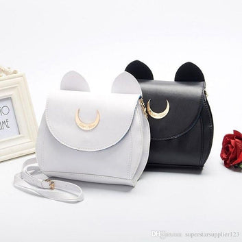 Chic Cat Ear Crossbody Bag – Moon Emblem Design with Chain Strap